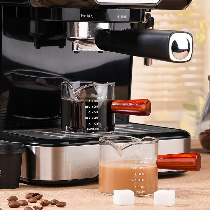 1 Pack Double Spouts Measuring Triple Pitcher Milk Cup with Wood Handle 75ML Espresso Shot Glasses Parts Clear Glass By BCnmviku