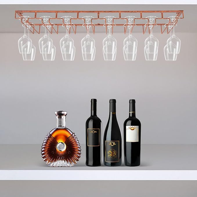 16 Wine Glasses Rack Holder Hanging Metal Storage Shelf Wall-Mounted Cup Holder Upside Down Hanging Under Cabinet Wine Glass Iron Holder Rack For Bar Kitchen (Bronze)