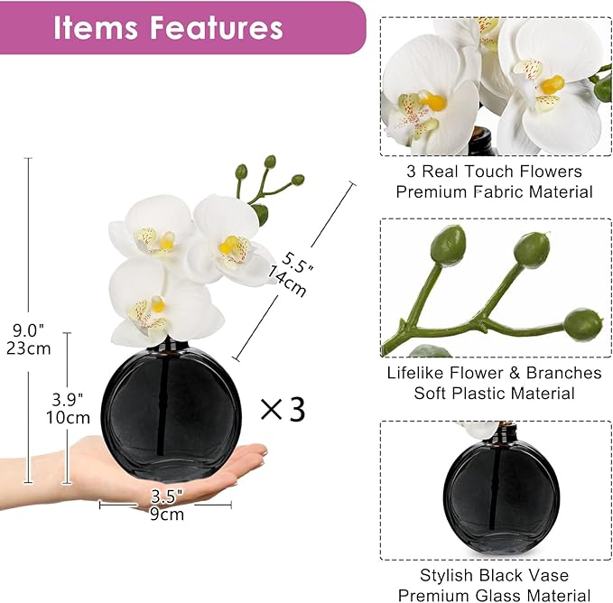 Oairse White Orchids Artificial Flowers Faux Orchids Arrangement in Black Glass Vases Set of 3 Real Touch Phalaenopsis Orchid Flowers Small Fake Orchid Centerpiece for Dining Room Table