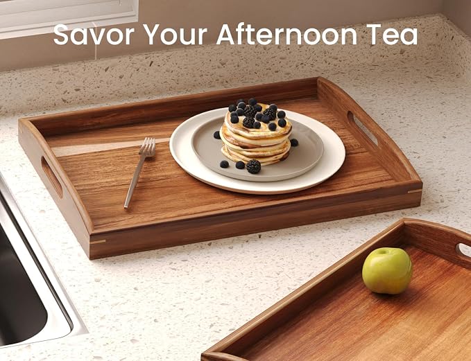 Acacia Wood Set of 2 Serving Tray with Handles,Large & Small Food Serving Trays for Coffee Table, Kitchen Counter, Breakfast, Party, Decorative Trays for Eating, Ottoman, Bathroom