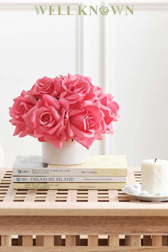 WELL KNOWN Artificial Flowers in Vase, Silk Rose Arrangement Mini Potted Fake Flowers with White Ceramic Vase for Home Wedding Vanity Coffee Table Centerpiece Bathroom Anniversary Decor (Hot Pink)