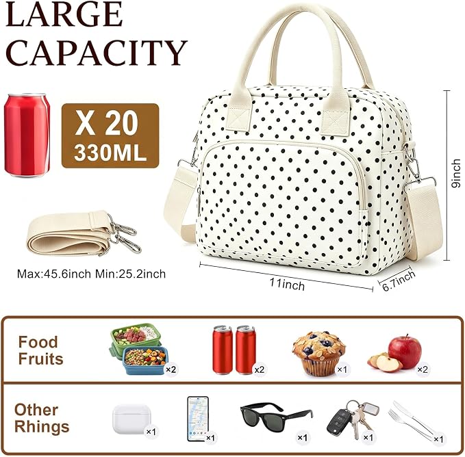 Insulated Lunch Bag for Women, Cute Polka Dot Large Capacity Leakproof Portable Thermal Lunch Box with Adjustable Shoulder Strap, Reusable Cooler Lunchbox Tote for Work Office Travel Picnic, White