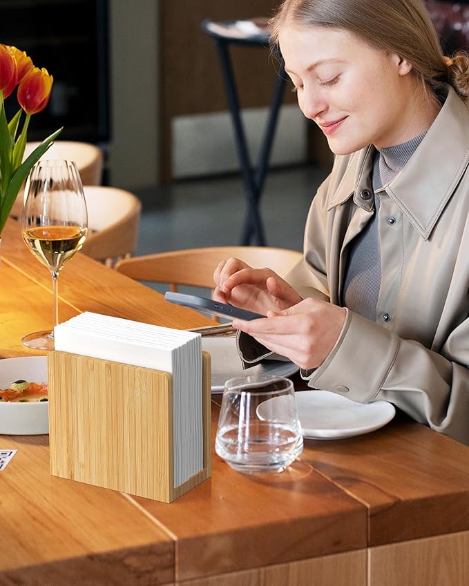 MaxGear Bamboo Napkin Holder for Tables, Wooden Freestanding Tabletop Tissue Dispenser for Kitchen, Dining Room, Party, Outdoor, Holds 5.5x5.5 or Larger Napkins for Home, Restaurant, Hotel, 1 Pack