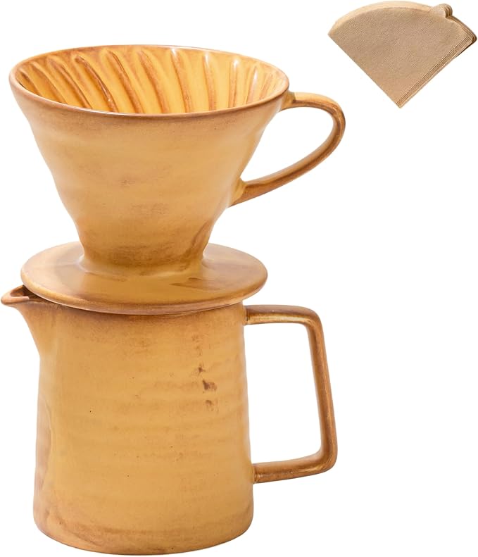 Pour Over Coffee Maker,Ceramic Coffee Maker With 40 pcs Paper Filter，15oz/450ml Pour Over Coffee Dripper (Yellow, V02)