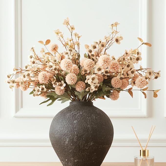 Beige Silk Flower Arrangements Home Decor, Large Floral Centerpieces For Tables, 22 Long Stems Fake Mums + Eucalyptus + Wild Flowers in Bulk, Artificial Flowers Coffee Dining Table, Faux Mums Flowers