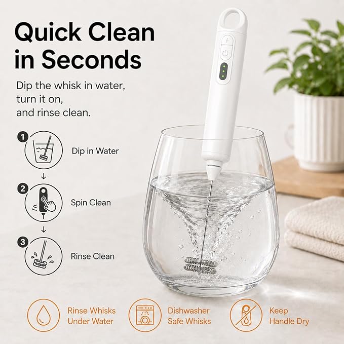 Rechargeable Milk Frother Handheld 3 Speed Coffee Foamer [3 Whisk] Electric Drink Mixer for Latte, Cappuccino, Coffee, Eggs, Hot Chocolate, White