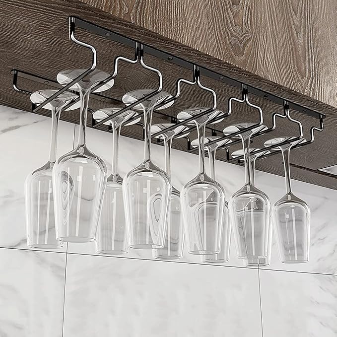 Black Wine Glass Rack - Under Cabinet Stemware Rack, Holds up to 14 Glasses, Hanging Stemware Holder, Stainless Steel Glasses Storage Hanger for Home Kitchen Bar