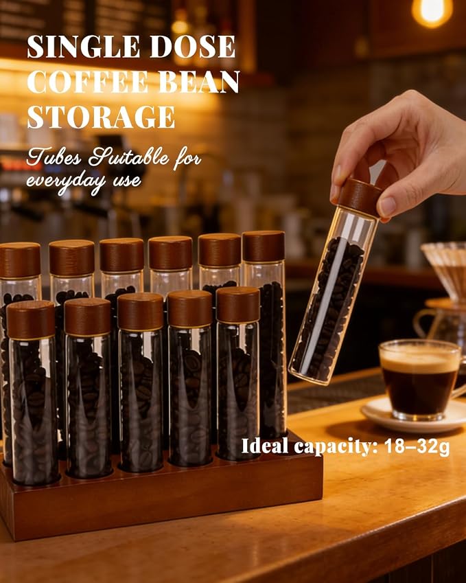 Single Dose Coffee Bean Storage Tubes, 12 Pcs Coffee Container Set 60ml &80ml Glass Small Coffee Bean Jar with Wooden Lids, Walnut Stand, Foldable Silicone Funnel & Labels