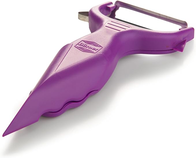 Borner 6-in-1 Fruit and Vegetable Peeler with Stainless Steel Double-Edged Blade, Multi function with Corer, Potato Eye Remover and Mini Grater, Made in Germany, Purple