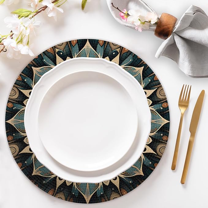 Round Placemats Set of 4, Ethnic Flowers Eye of Evil Woven Placemats Mats Non-Slip Heat Resistant Washable Table Mats Round Braided Place for Farmhouse Kitchen Dining Party Decor 15in