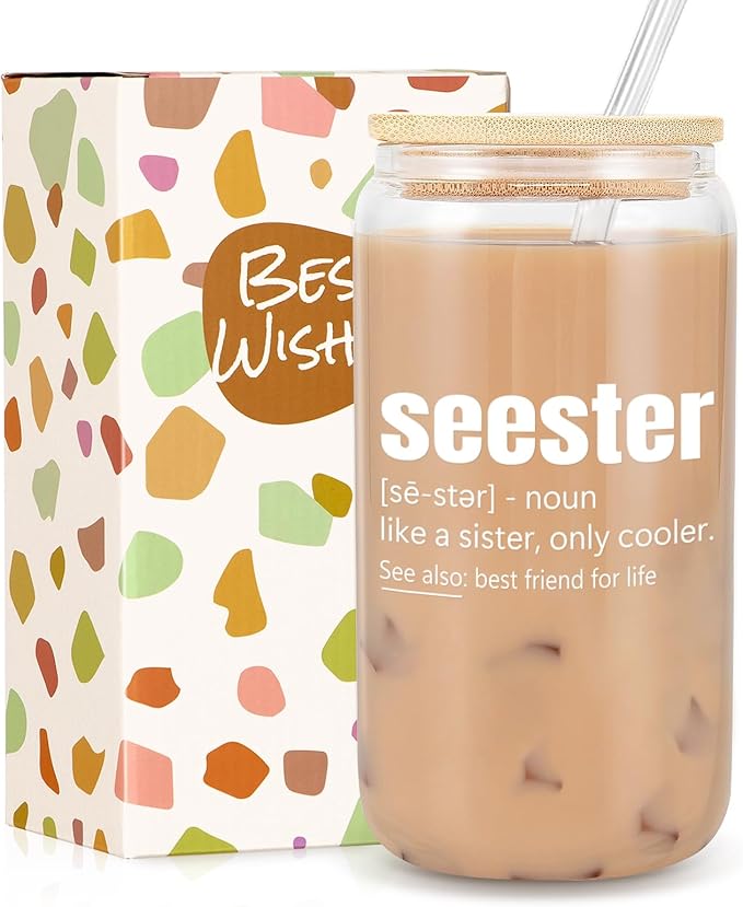 Sister Birthday Gifts - Sisters Gifts from Sister - Funny Best Friend Bestie Bff Sis Mothers Day Gift, Friendship Soul Sis Gift for Women, Present for Sisters - 16 Oz Seester Definition Glass Cup