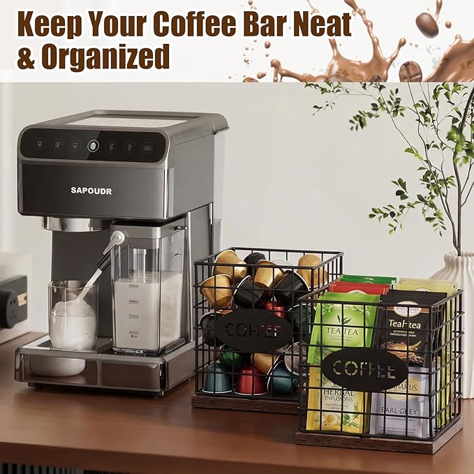 LemonRoad 2 Pack Coffee Pod Holder Organizer Metal Pod Storage Basket with Wood Base Black Large Capacity Capsule Holder for Kitchen Counter Coffee Bar Accessories Office Desk Supplies