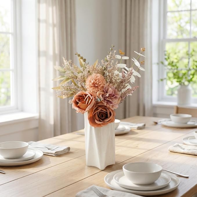Artificial Flowers Bouquet - Faux Silk Flowers Centerpiece, Realistic Fake Flowers Plants for Home Decor Dining Table, Indoor Vase, Wedding Bouquet Arrangements (Orange)