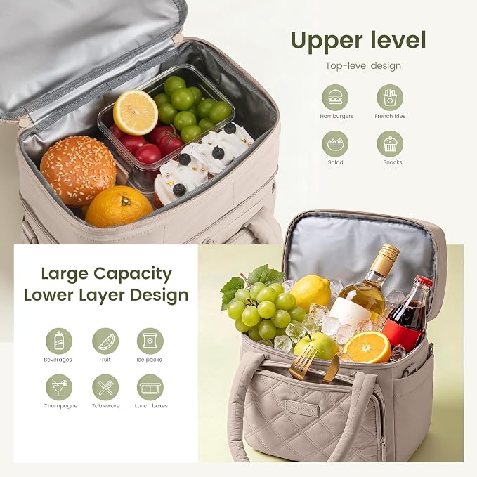 LOVEVOOK Insulated Lunch Bag Women,Expandable Double Deck Adult Lunch Box Women with Cup Holder,Bow Quilted Puffer Lunch Tote,Large Leakproof Collapsible Cooler Bag for Work College Picnic Meal Prep