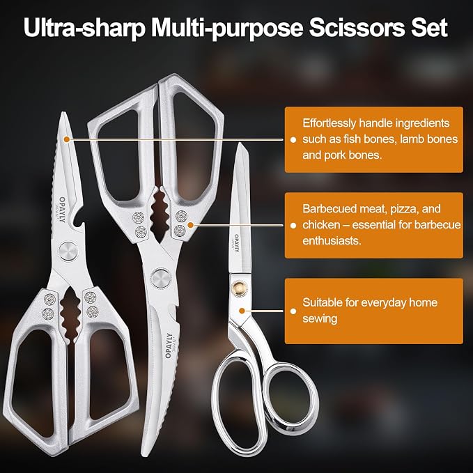3PCS Heavy Duty Kitchen Scissors Set All Purpose - Stainless Steel Scissors Meat Scissors Dishwasher Safe Japanese Cooking Scissor for Food Paired with household tailor shears Gifts for Men Women