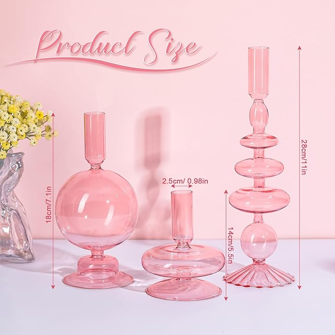 Rtteri 3 Pcs Glass Candlestick Holders Glass Candle Holders Groovy Wavy Elegant Taper Candle Stick for Wedding Home Birthday Party Easter St Patricks Day Decoration Windowsill Decor(Pink)