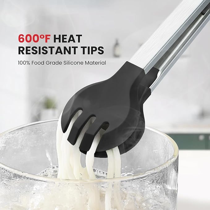 12 Inch Kitchen Tongs for Cooking, 600ºF Heat Resistant 2-in-1 Cooking Tongs with Silicone Tip & Measure Spoon Pasta Tongs Spaghetti Tongs for Tossing Salad, Serving Food, Non-Stick (12"-Round Head)