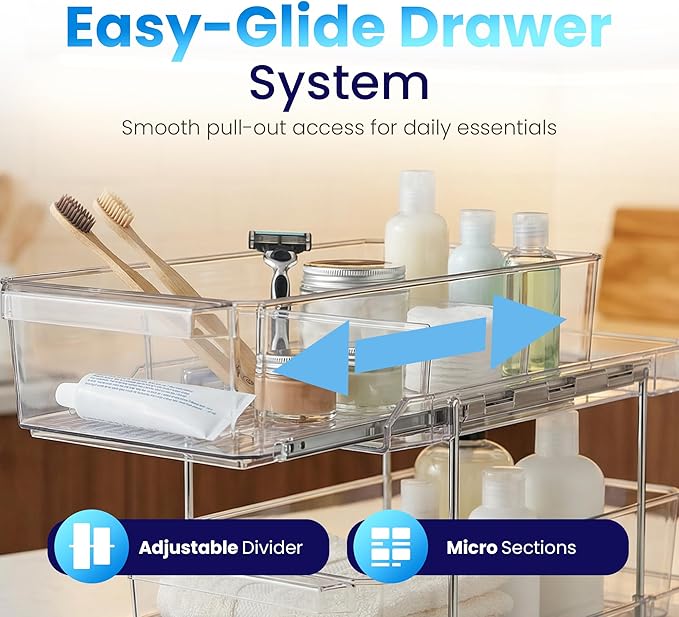 Masirs 2-Tier Clear Pull-Out Drawer Organizer - Sleek, Compact & Sturdy Makeup and Closet Organizer - Easy Assembly Kitchen Storage Solution, Ideal for Makeup, Tools, Medicines 4-Pack