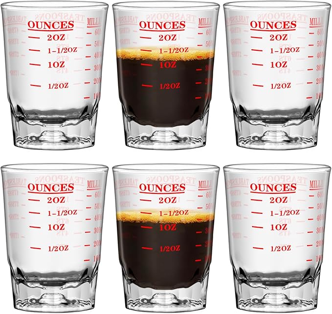 6Pcs 2 OZ 4 Features Shot Glasses Measuring cup Liquid Heavy Glass Wine Glass Espresso Shot -Incremental Measurement Heavy 60ML (6, red)