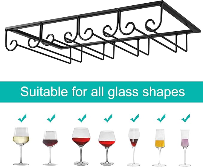 MOCOUM Under Cabinet Wine Glass Rack Stemware Rack, Wine Glasses Hanger Rack Wire Wine Glass Holder Storage Hanger for Cabinet Kitchen Bar (Black, 4 Rows 1 Pack)
