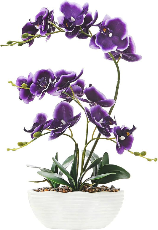 19" H Phalaenopsis Faux Orchid Plant Silk Orchid Centerpiece Artificial Floral Arrangement in Ceramic Pot (Deep Purple)