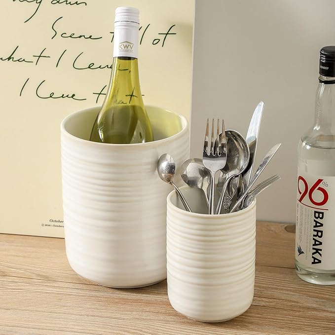 HASENSE Cooking Utensil Holder, 7.4"+5.5" Ceramic Kitchen Utensil Holder for Counter, Rustic Utensil Oganizer Crocks for Spatula, Ice Bucket Gift for Dad, Set of 2, Clay-Infused White