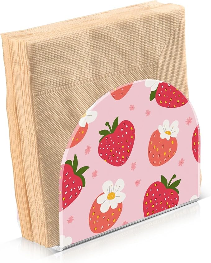 Fustylead Red Strawberry White Floral Pink Napkin Holder for Table Acrylic Vertical Napkin Holders for Paper Napkins Decor Napkin Dispenser for Home Party Dining Cocktail Kitchen Accessories, 2 Pack