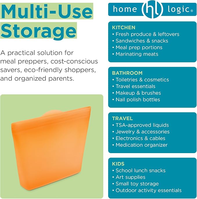 Home Logic Reusable Sandwich Bags - Set of 6 Firecracker Orange Silicone Freezer Bags, Airtight Leak Resistant Reusable Zip Bags for Kitchen Home Food Prep, Microwave & Sous Vide Safe