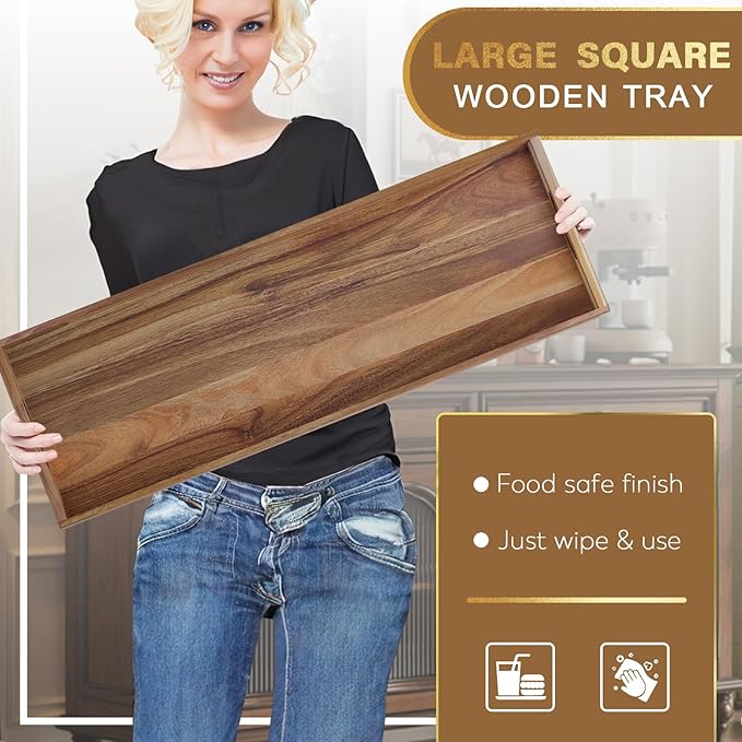 MAONAME Extra Large Acacia Wood Serving Board with Handles, 36 x 12 inches Wooden Ottoman Tray, Rectangular Charcuterie Platter for Meat, Cheese Board, Extra Long 3ft