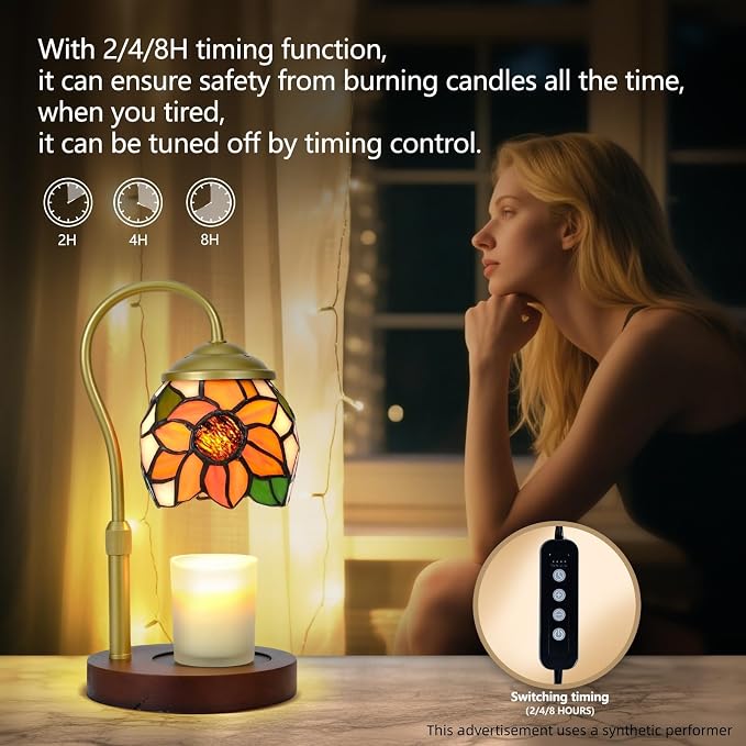 Sunflower Tiffany Candle Warmer Lamp with Wood Base - Height Adjustable, 2/4/8H Timer, 4-Level Dimmer - Includes 2 GU10 Bulbs - Farmhouse Aesthetic Room Decor & Gifts for Women, Fits Candles up to 5"