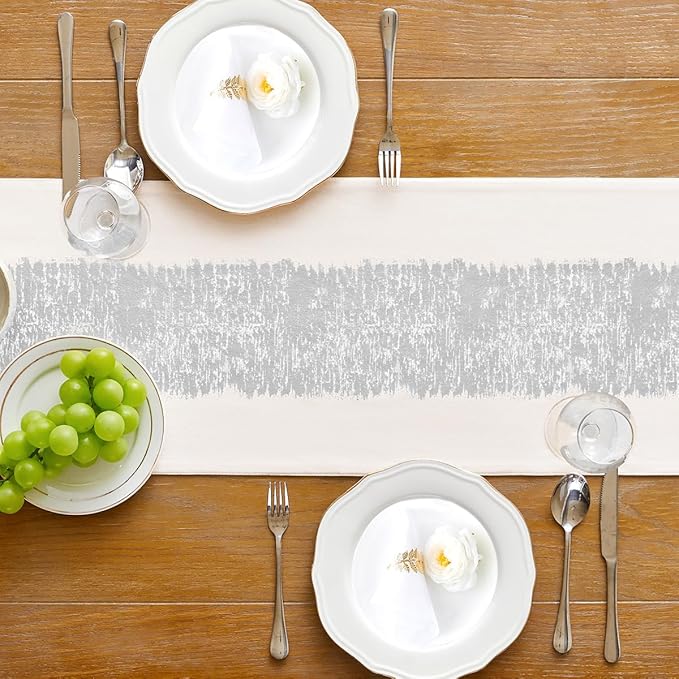 Metallic Style Table Runner, Cotton and Linen Silver Table Runners 60 inches Long,Pre-Pressed Metal Striping Process, Birthday Wedding Decorations for Home Living Room Decor(Silver, 13"x60")