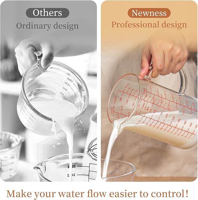 Newness Glass Measuring Cup with Handle, 1000 ML (1 Liter, 4 Cup) Double-Sided Scale Measuring Cup with Three Scales (OZ, Cup, ML/CC) and V-Shaped Spout, Measuring Beaker for Kitchen or Restaurant