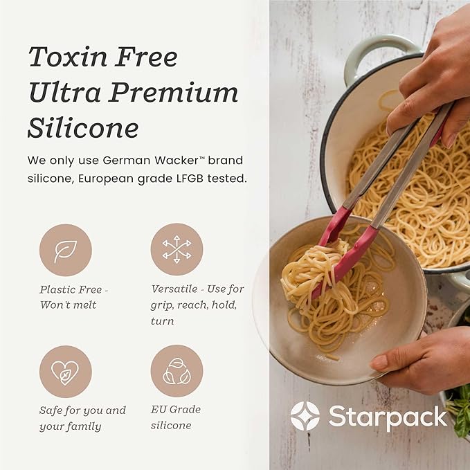 Starpack Get a Grip Silicone Kitchen Tongs (2-Pack, 9" + 12") - LFGB Non Toxic, 600°F Heat Resistant, BPA-Free - Heavy-Duty Stainless Steel, Locking - Dishwasher Safe for Nonstick Cookware Earthy Pink