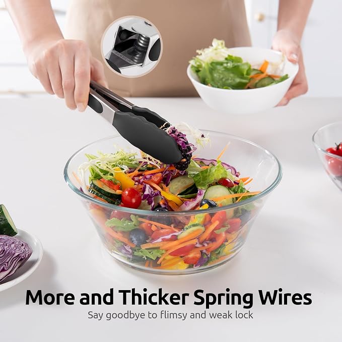 600ºF Heat Resistant Kitchen Tong: U-Taste 7 inch Silicone Cooking Tong with Firm Sealed Non Stick Rubber Tips & Silicon Coated 18/8 Stainless Steel Handle & Smooth Locking for Serving Salad (Black)