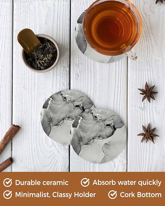 Coasters Set of 6 Black Marble Drink Coasters with Holder Absorbent Stone Ceramic Cup Mat Abstract Waves Cloud Coaster for Drinks Coffee Bar Office Kitchen Cafe Home Table Decor