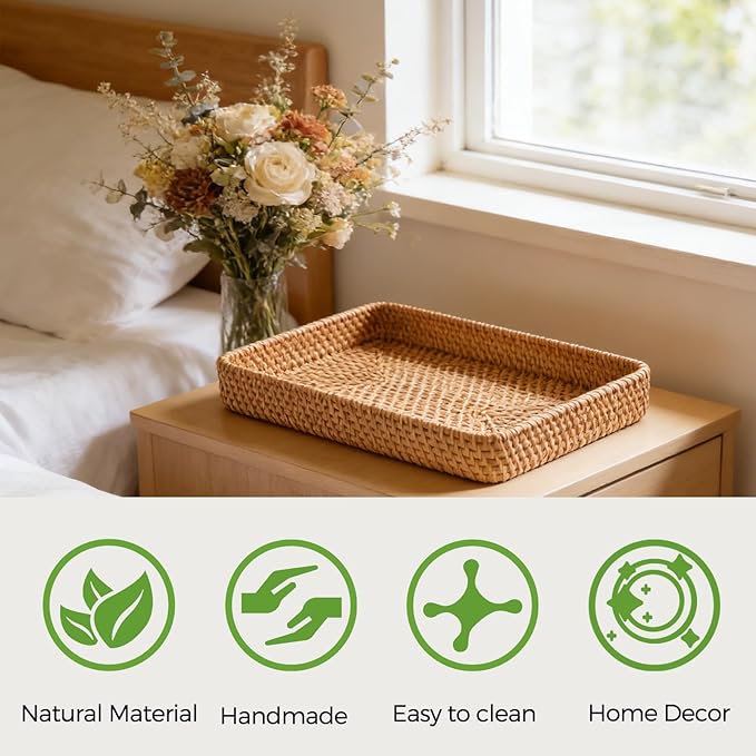 Wicker Storage Basket, Rattan Tray Rectangular for Bathroom Living Room, Decorative Serving Woven Trays Wicker Baskets for Organizing, Woven Seagrass Tray for Storage Home Decor L(14.6" × 9.1")