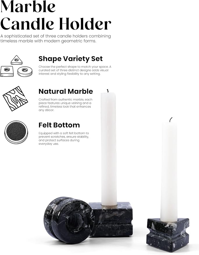 Marble Candle Holder Set of 3, Handmade Zebra Black Stone Candlestick Holders, Minimalist Taper Candle Stand, Decorative Table Decor for Living Room & Dining, Centerpiece, Housewarming & Wedding Gift