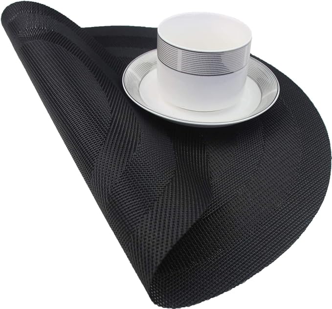 PIGCHCY Round Placemat Set of 6 Heat Resistant Vinyl Washable Kitchen 15 inch Placemats for Home Indoor Outdoor Party (Black)