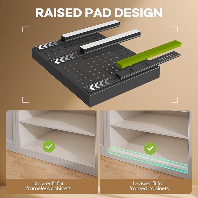 Seinloes 2 Pack Pull out Cabinet Organizer 21"Deep With Raising Pad for Framed Cabinets, Expandable Slide out Drawers for Kitchen Cabinets with 4pcs Divider Racks, Roll out Shelves 12.1"-20.4" W Black
