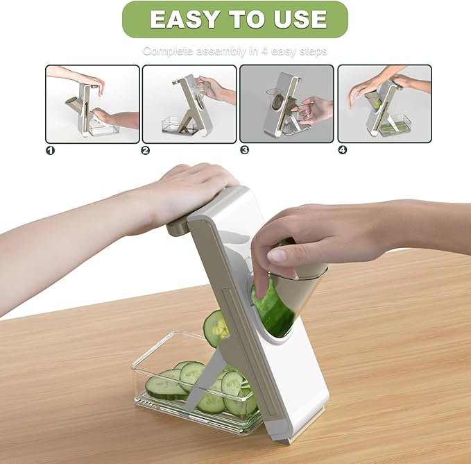 Eletronova Safe Mandoline Slicer for Kitchen, Vegetable Slicer with Container, French Fry Cutter, All in 1 Julienne Slicer for Potato, Thickness Adjustable, Detachable Blade, Dishwasher Safe（Grey-2）