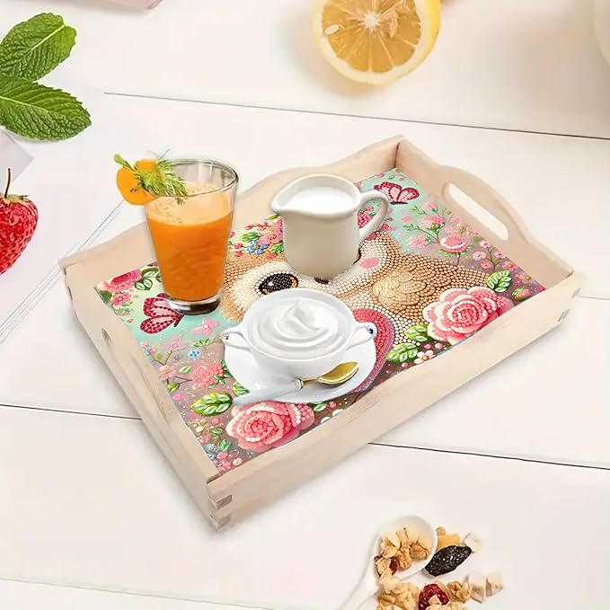 BAYUNOE DIY Diamond Serving Tray Rectangular Breakfast Tray with Handle Handmade Diamond Art Painting Wooden Tray Spring Creative Dinner Plate Coffee Room Living Home Organizer-Owl02