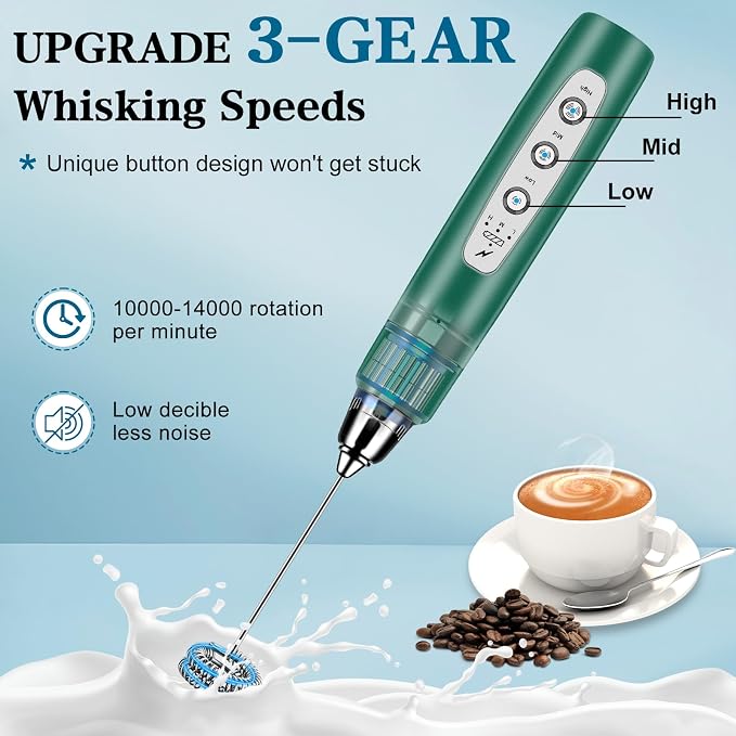 BSRGMS Milk Frother Handheld with Stand, Electric Whisk 3 Speed Adjustable, Drink Mixer with Stainless 3 Whisk, Rechargeable Hand Frother Wand, Foam Maker for Latte Cappuccino Hot Chocolate Egg Green