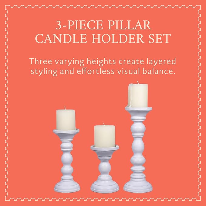 Mela Artisans 6”, 9” & 12” Mango Wood Pillar Candle Holder Set of 3 – Willow Design Matte White – Wooden Candle Holders for Table, Mantel & Living Room Décor