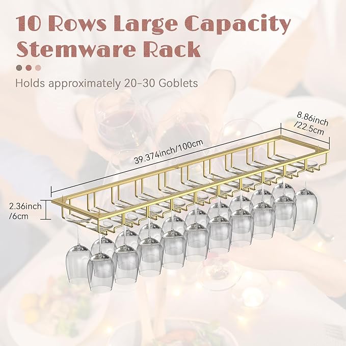 Xverycan Wine Glass Rack Under Cabinet, 10 Row Extreme Large Stemware Hanger, Metal Wine Goblet Holder, DIY Bar Glass Storage Rack for Bar Counter, Kitchen, Screws Included (Gold)
