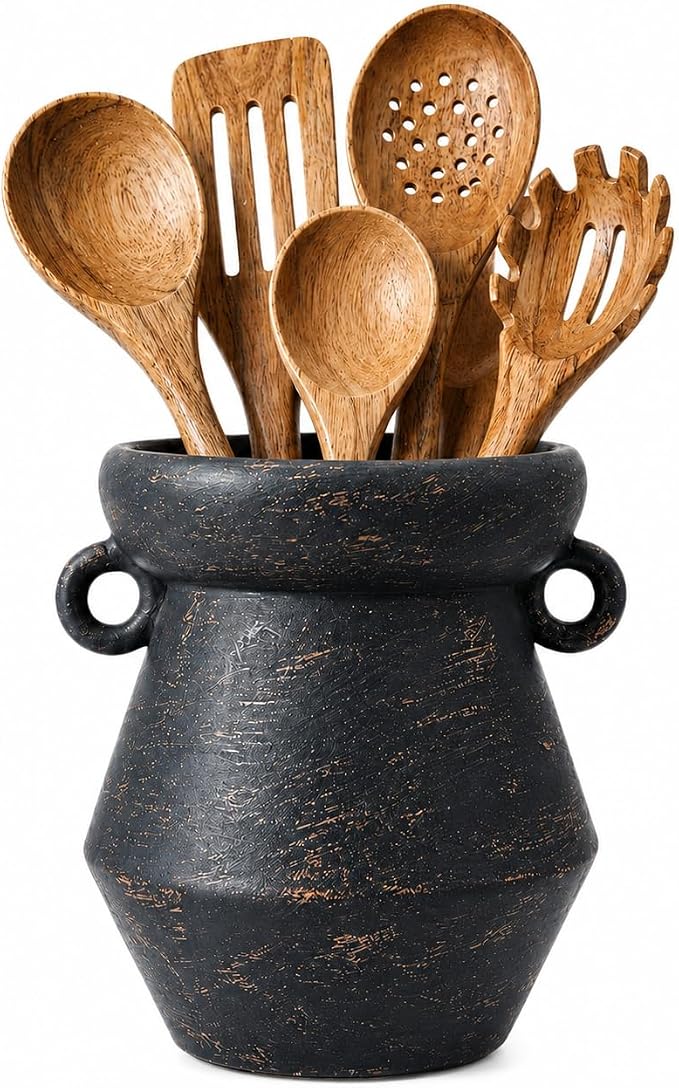 Rustic Utensil Holder for Kitchen Counter, 7.4” Tall x 6.2” Wide Farmhouse Ceramic Utensil Crock, Vintage Black Gold Stoneware Jar, Large Kitchen Utensil Holder, Housewarming Gift