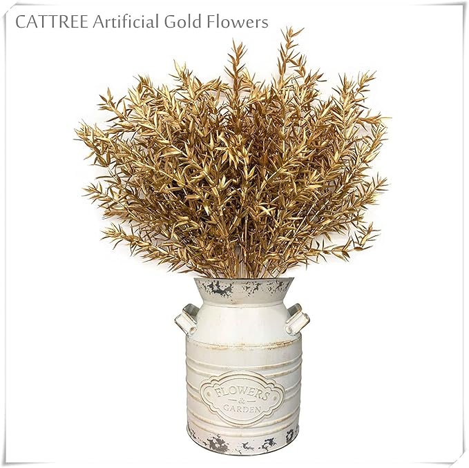 CATTREE Christmas Artificial Plants, Plastic Grass Faux Shrubs Fake Leaves Simulation Sharp Bushes Home Indoor Outdoor Garden Wedding Festival Decoration Hall Table Planter Filler – Gold 4 Pack