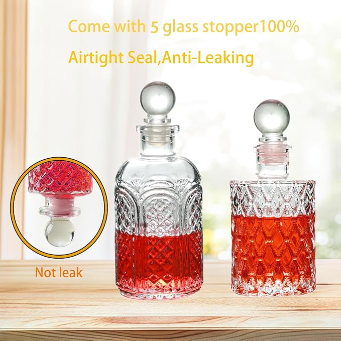 Syrup Dispenser Bottles Set - 5 Pack Simple Syrup Bottles with Metal Pour Spout and Dust Caps,For Syrups,Honey,Olive Oil,Condiments,Syrup Dispenser for Coffee Bar with Labels
