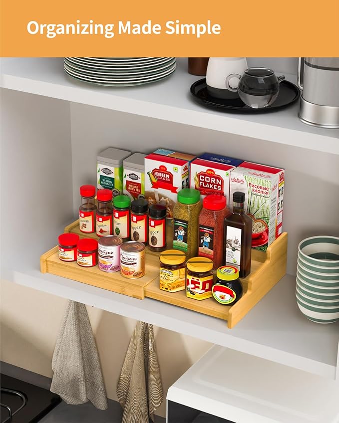 VenDotbi Spice Rack, 3-Tier Expandable Bamboo Spice Rack Organizer for Cabinet, Kitchen, Pantry and Cupboard Storage Organizer(2pack)