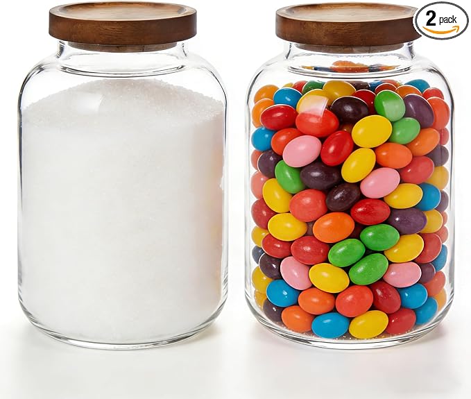 2-Pack Large Glass Flour and Sugar Storage Containers, 64 oz / 1900 ml Airtight Glass Jars with Wooden Lids, Clean & Elegant Canisters for Storing Rice, Pasta, Oats, Candy, Cookies and More