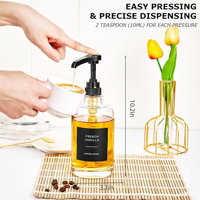 Coffee Syrup Dispenser for Bar, Glass Syrup Bottle with Pump, Coffee Pump Dispenser Bottle, Spoon for Station,16.9 oz, 500 ml